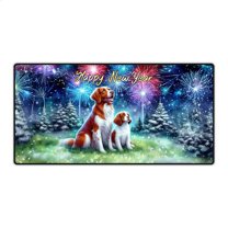 Happy New Year Brittany Spaniel Family Cheer Winter Midnight Firework Desk Mat Full Keyboard Mouse Pad Brittany Dog Lover Gifts Idea Large Mousepad - 02025