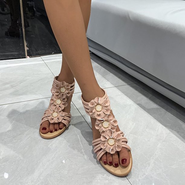 Sandalias étnicas bohemias para mujer, sandalias de cuña con tiras al tobillo con flores de encaje y flores, zapatos romanos de banda estrecha de talla grande 40 Gao Jinjia LED