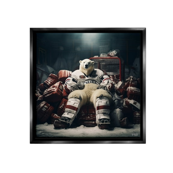 Stupell Industries Hockey Player Polar Bear Animals & Insects Painting Black Floater Framed Canvas Art Print Wall Art, 18 x 18