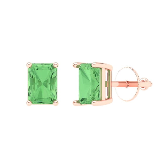 2 ct Screw-Back Stud Earrings for Women | 7x5mm Emerald Cut Simulated Green Diamond | 18K Rose Gold