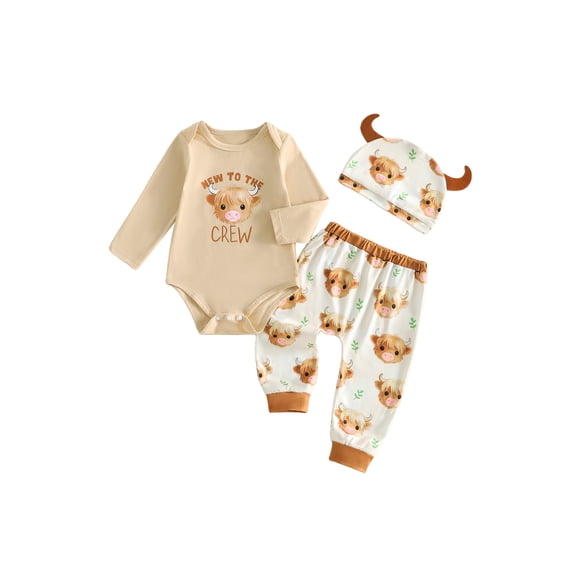 RUINIXCW Western Baby Boy Cowboy Outfit Newborn Baby Boy Hospital Going Home Outfit Spring Fall Clothes Highland Cow Print Rompers and Pants Horn Hat Set