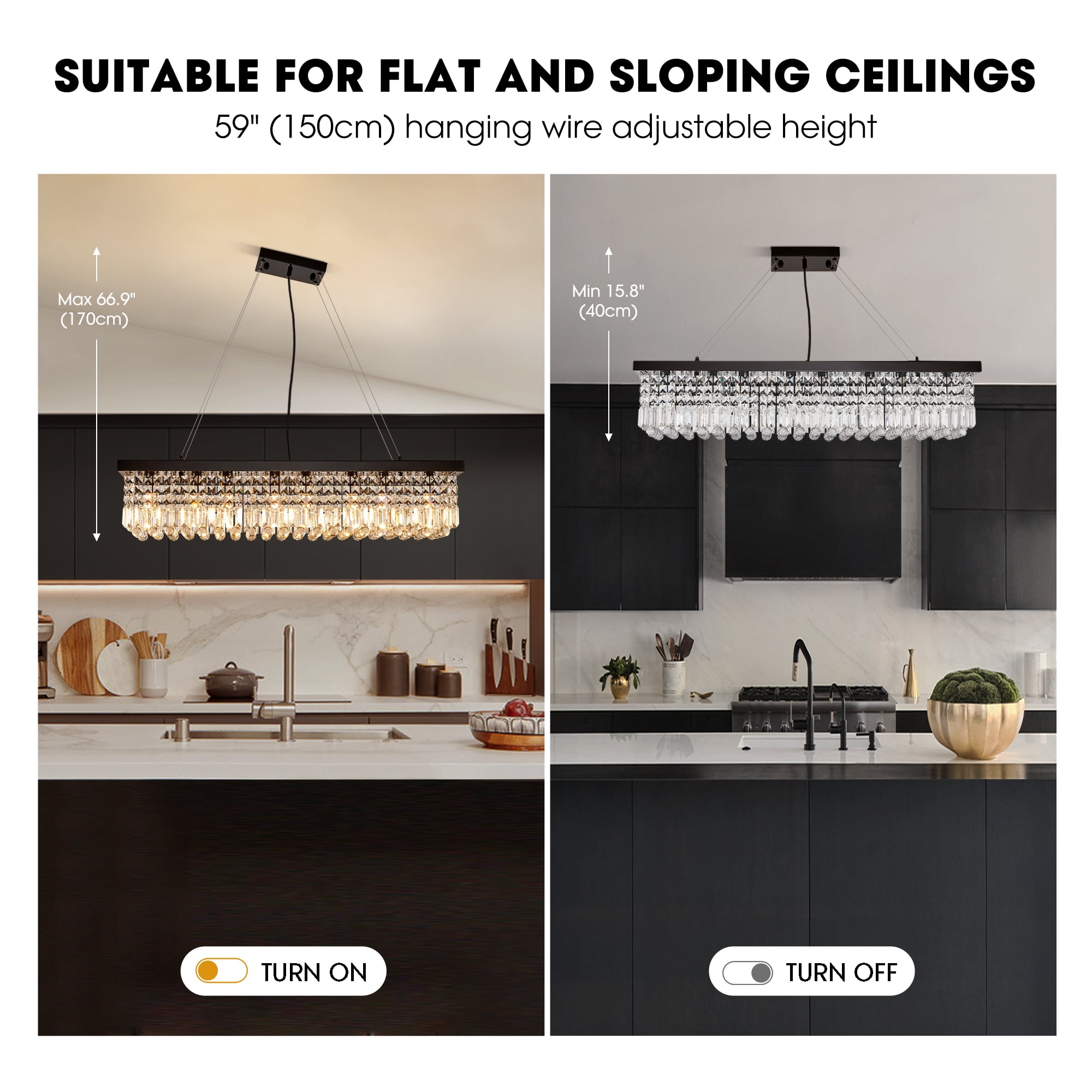 HOOMEDELIER 40" Modern Rectangle Crystal Chandelier, K9 Pendant Light for Dining Room, Kitchen Island