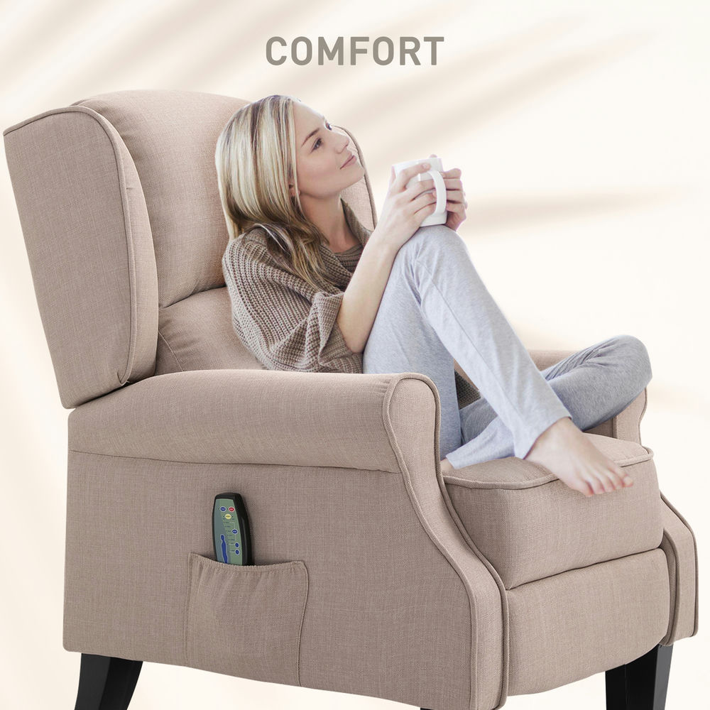 Demi Bonn Vibration Massage Recliner Chair for Elderly with Heat, Remote Controls, Modern Linen Fabric Push Recliner Chair for Adults with Footrest, Side Pocket, Beige