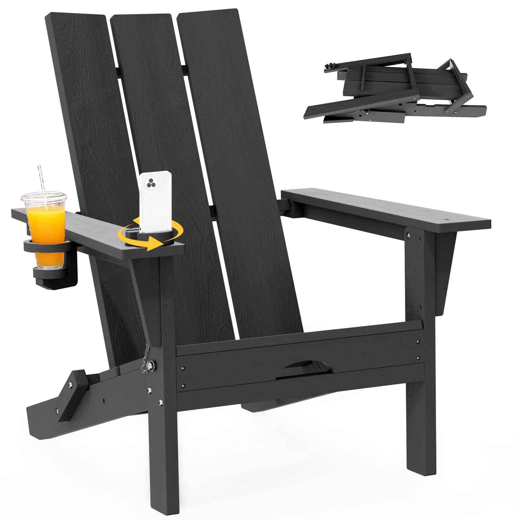Tappio Folding Adirondack Chair All Weather HDPE Outdoor Patio Chairs with Detachable Multifunctional Holders and Cup Holders, Fire Pit Chairs for Yard Garden Poolside, Black