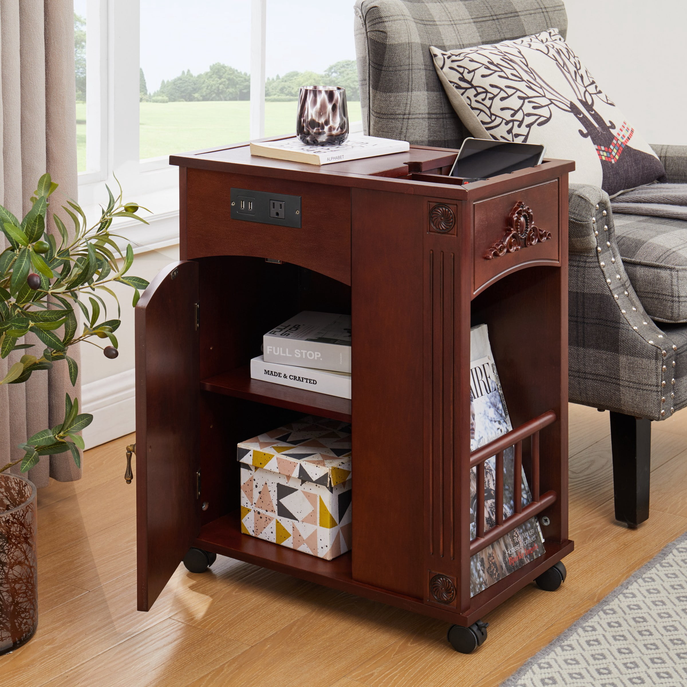 Powered Traditional End Table with Charging Station, Narrow Side Table with USB Ports and Outlets, Nightstand with Storage, Bedside Tables with Wheels for Living Room, Bedroom