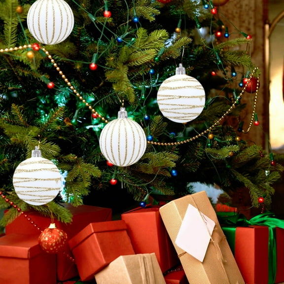 Deeceymbur 4 Pcs Glam Gold-Striped Flocked Christmas Balls Multi Style Festive Tree Party Decor Set 2.36Inch