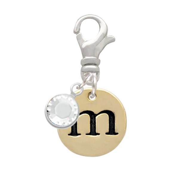 Delight Jewelry Goldtone Disc 1/2'' Initial - m - - Silvertone Clip on Charm with Clear Crystal Drop