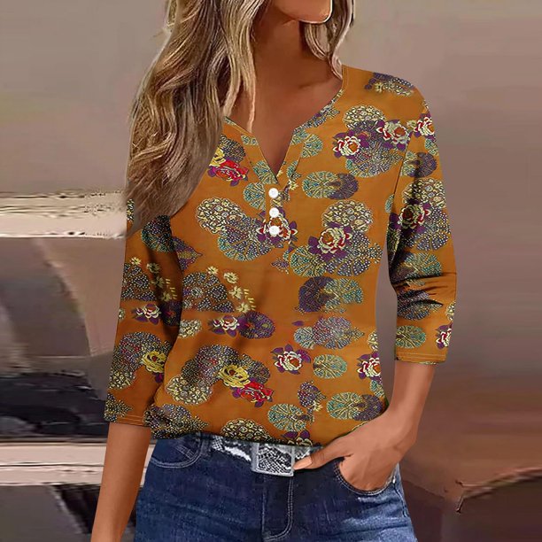 Fiudx Ofertas Relámpago Blusa de Manga 3/4 Corta Estampada a La Moda para Mujer, Blusa Informal con Cuello Redondo
