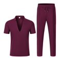thumbnail image 3 of 2 Piece Waffle Textured Matching Suit for Men Deep V Lapel Polo Shirt Drawstring Waist Straight Leg Pants Wrinkle Resistant Casual Outfit for Weekend Resort Travel Wine S, 3 of 6