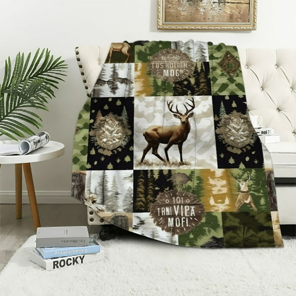 ARISTURING  Woodland Adventure Await Wild Free Blanket Camo Deer Bear Hunting Blanket for Dad Kid Deer Hunter Gift Flannel Nursery Blanket Soft Cozy Infant Toddler Crib Bedding '' for Kid