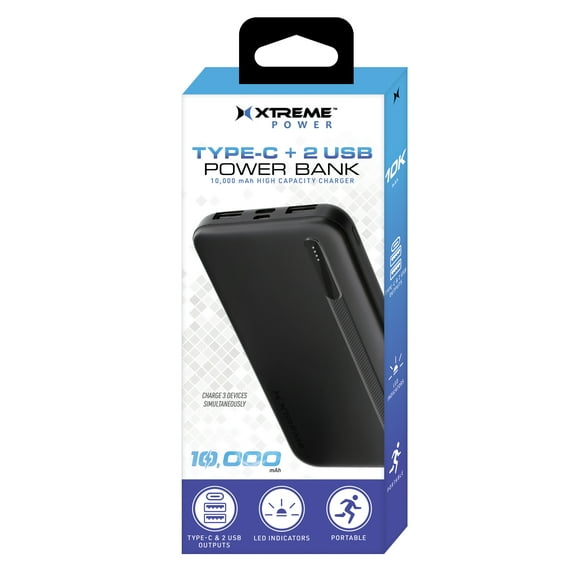Xtreme 5000 mAh Portable Power Bank For Type-C and USB Devices, Rechargeable, Black