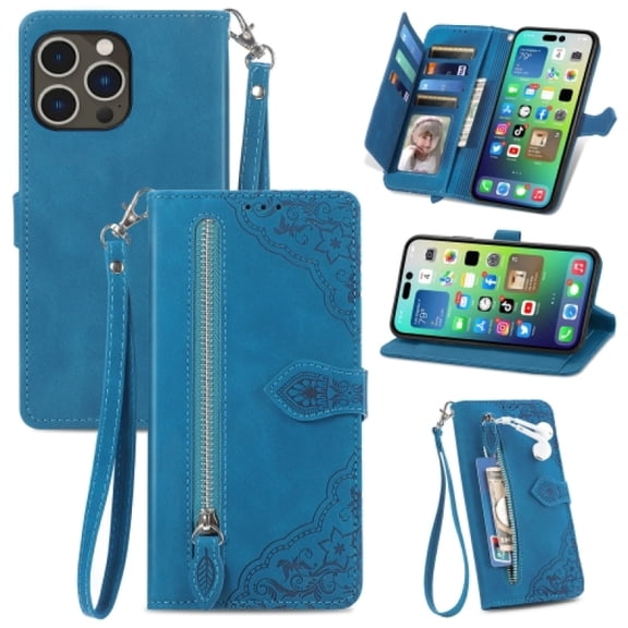 Case for iPhone 15 Pro Max,Magnetic Leather Wallet Card Pocket Zipper Case Kickstand Cover with Wrist Strap for iPhone 15 Pro Max 6.7-inch