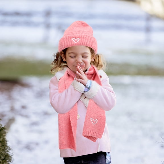 Baluue Girls Winter Hat and Scarf Set with Embroidered Heart Design, Fiber for Warmth and Comfort