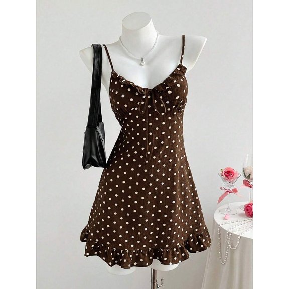 Brown Polka Dot Ruffle Hem Tie-Front Spaghetti Strap Cami Mini Dress