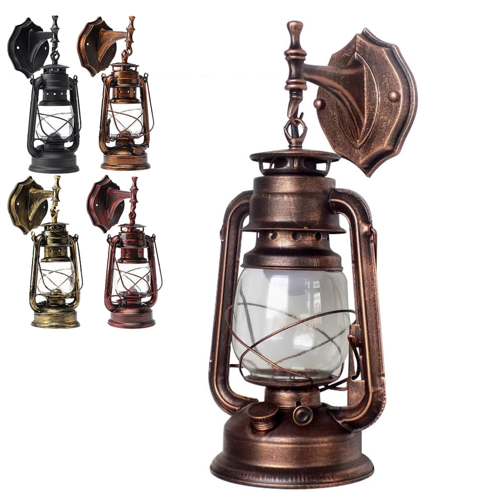 Rustic Wall Mounted Light Fixture Vintage Lantern Pendant Light Small Hanging Lighting with Glass Shade for Loft Farmhouse, Yellow Bronze