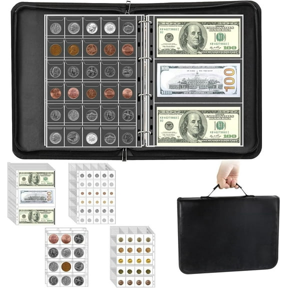 Coin Binder for Collectors with Handle, Fireproof 360 Pockets Coin Collection Album & 36 Paper Currency Book Sleeves, Coin and Bill Organizer Holder Supplies for Quarters, Pennies