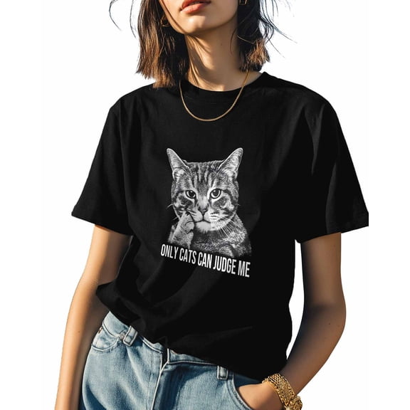Cute Cat Womens Tshirt Graphic Tees Cotton Crew Neck T-Shirts, Casual Short Sleeve Shirts for Women Teen Girl Grey White Animal Art