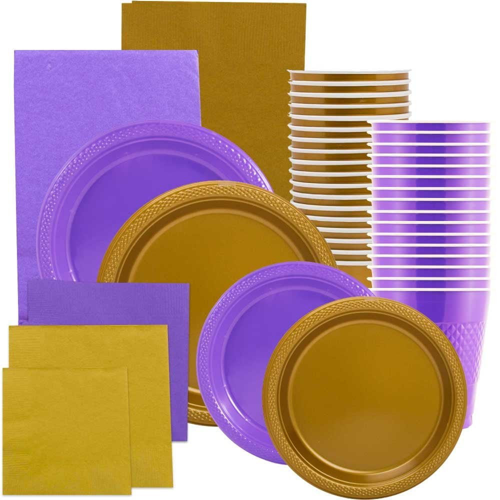 purple and gold paper plates