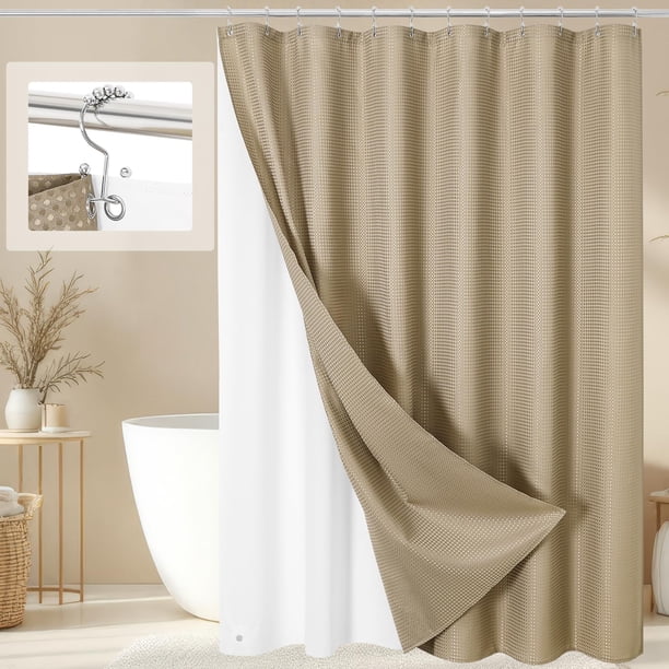 Juego de cortinas de ducha Craidlela 3 en 1, diseño de gofres beige, 180 x 180 cm