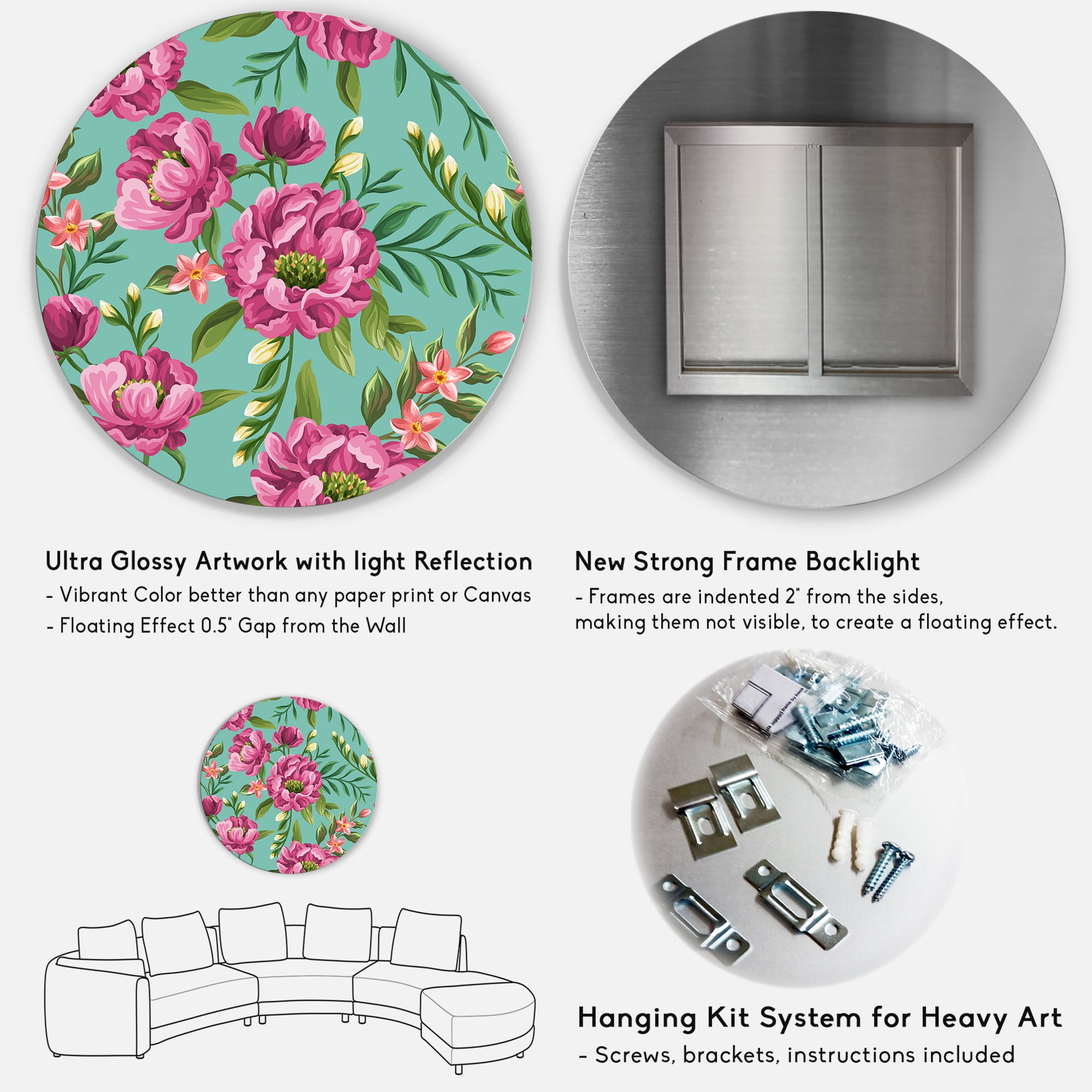 Designart 'Fuchia Pink Flowers On Green VIntage' Traditional Circle Metal Wall Art 23x23 - Disc of 23