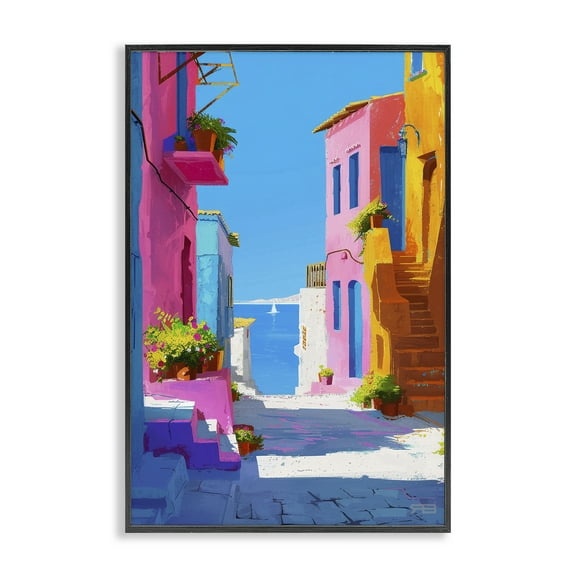 Stupell Industries Coastal Town Buildings Buildings & Architecture Painting Black Framed Art Print Wall Art, 12 x 18