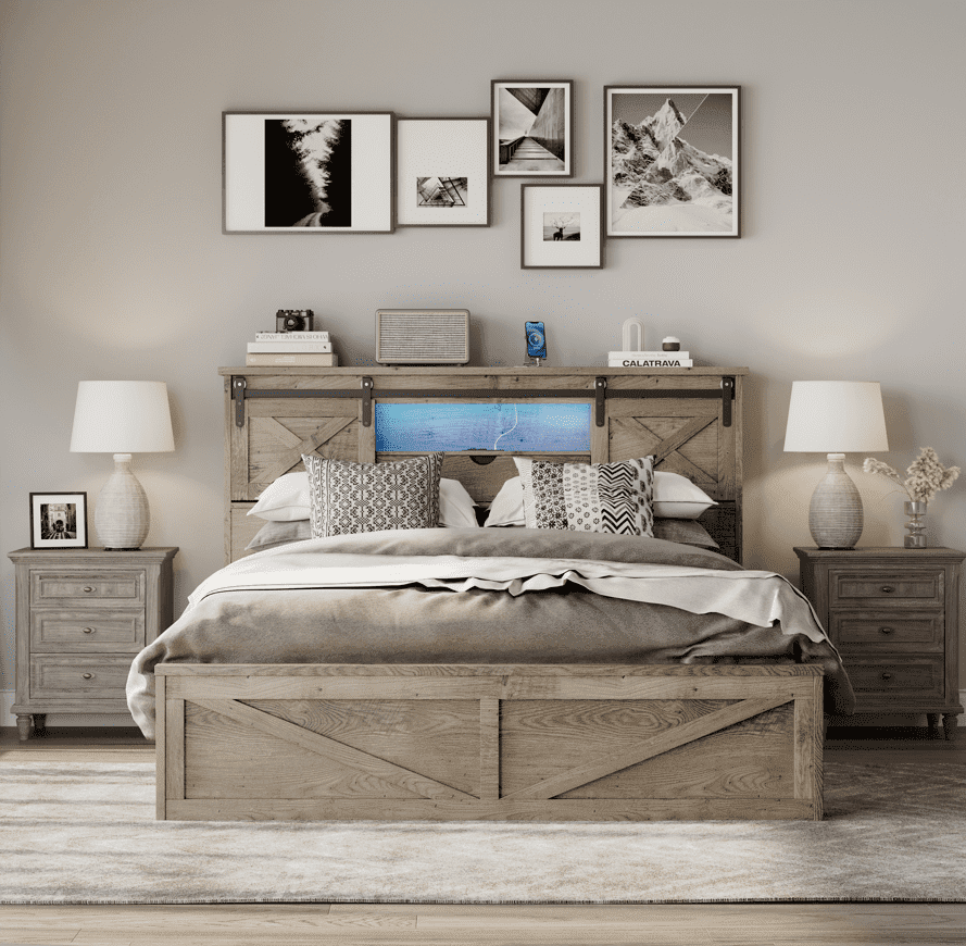 Farmhouse Bed Frame Queen Size with LED Lights and Charging Station, Wooden Queen Bed with 2 Storage Drawers, Rustic Headboard with Sliding Barn Door Storage Cabinets
