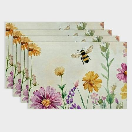 

Pratyus Flowers Bee Party Table Placemat Set of 4 Linen Dining Table Placemats for Birthday Parties Christmas Buffets Home Decoration 18x12in