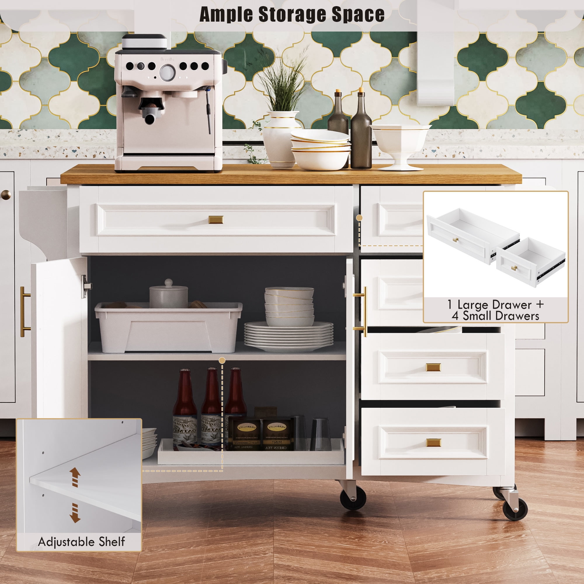 AENKYO 52'' Kitchen Island with Drop Leaf, Embossed Texture Kitchen Cart on Wheels with Spice Rack, Towel Rack, 2 Doors and 5 Drawers,Adjustable Shelf for Kitchen,White