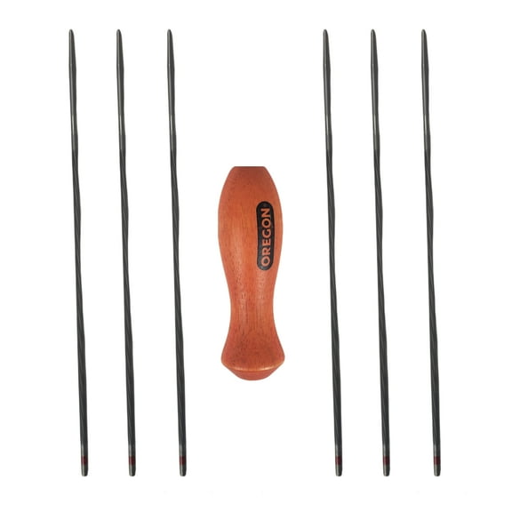 Oregon Double Cut Round Chainsaw Files (6 PK) & Wooden Handle (1) Kit  / 5/32” (4.0mm) / 70504, 30870, 70504-6PK-KIT