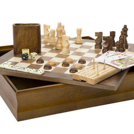 7-in-1 Classic Wooden Board Game Set – Old Fashioned Family Game Night Cards, Dice, Chess, Checkers, Backgammon, Dominoes and Cribbage by Hey! (Best Way To Open A Chess Game)