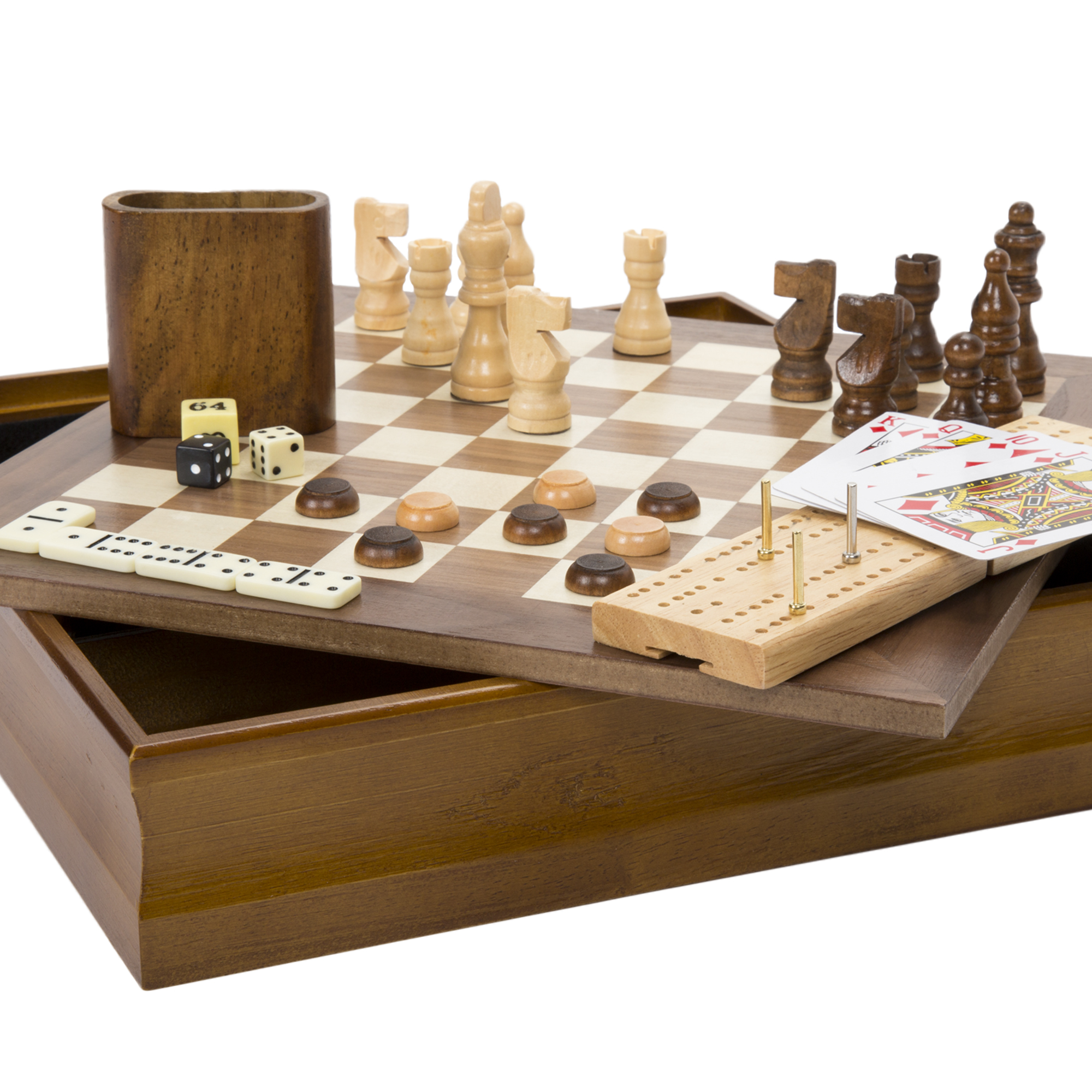 7-in-1 Classic Wooden Board Games Set - Family Game Night with Accessories