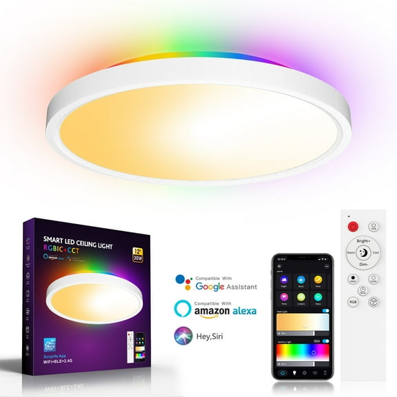 CCNZZITSHT Smart RGB Ceiling Light LED 2700LM Works with Alexa 12 Inch 2700K-6500K Flush Mount Light Fixture DIY Colors WiFi Dimmable Low Profile Ambient Light Fixture for Bedroom Living Room Party