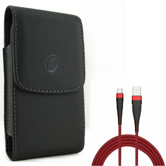 10ft USB-C Cable w Case Belt Clip for Samsung Galaxy S21,S20 - Type-C Charger Cord Power, Leather Holster Cover Combo