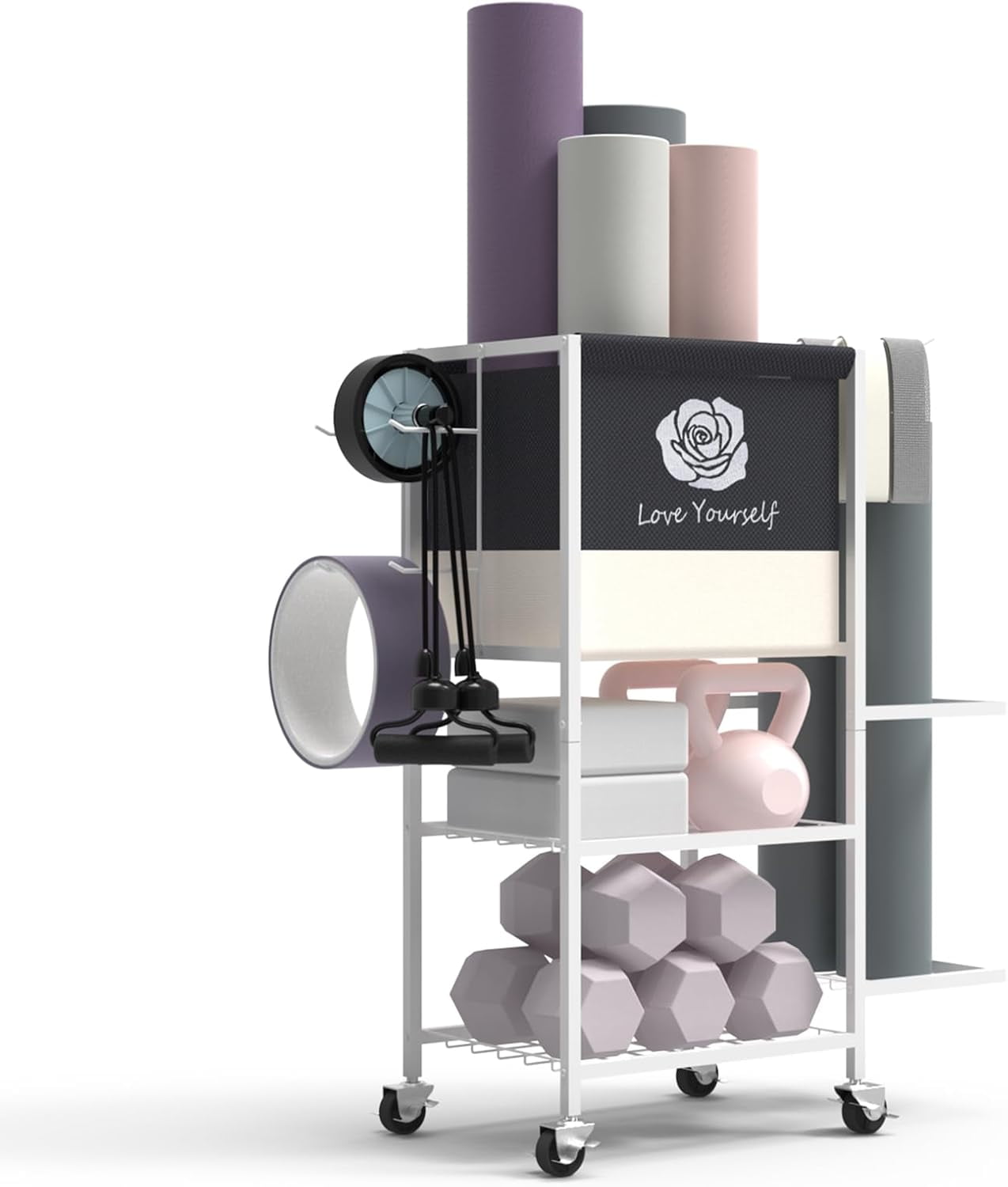 Home Gym Storage Rack, All In One Workout Equipment Rolling Storage Organizer With Hooks