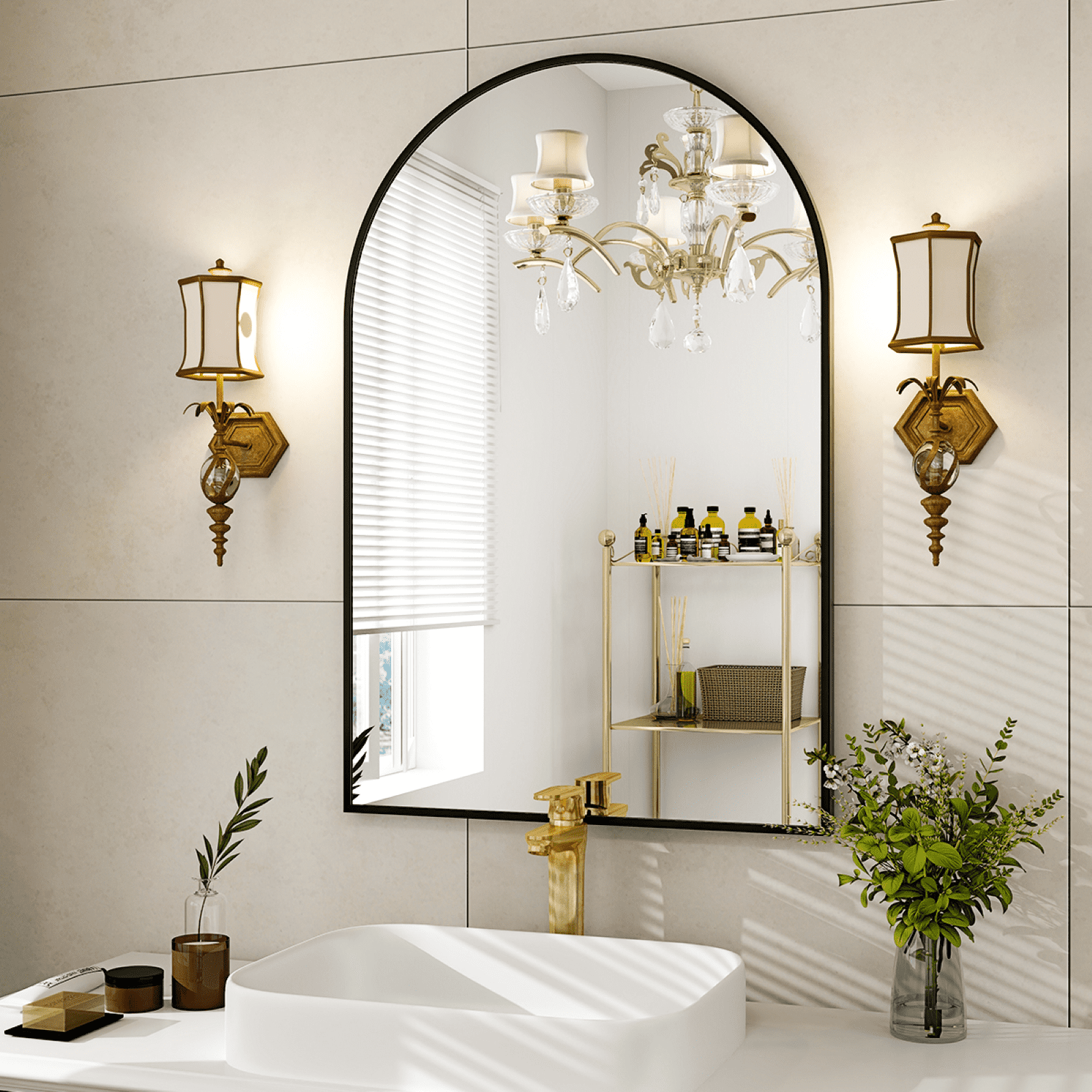 GRAHMCY 36"x24" Arched Bathroom Mirror Wall Mirror With Aluminum Alloy Frame, Black