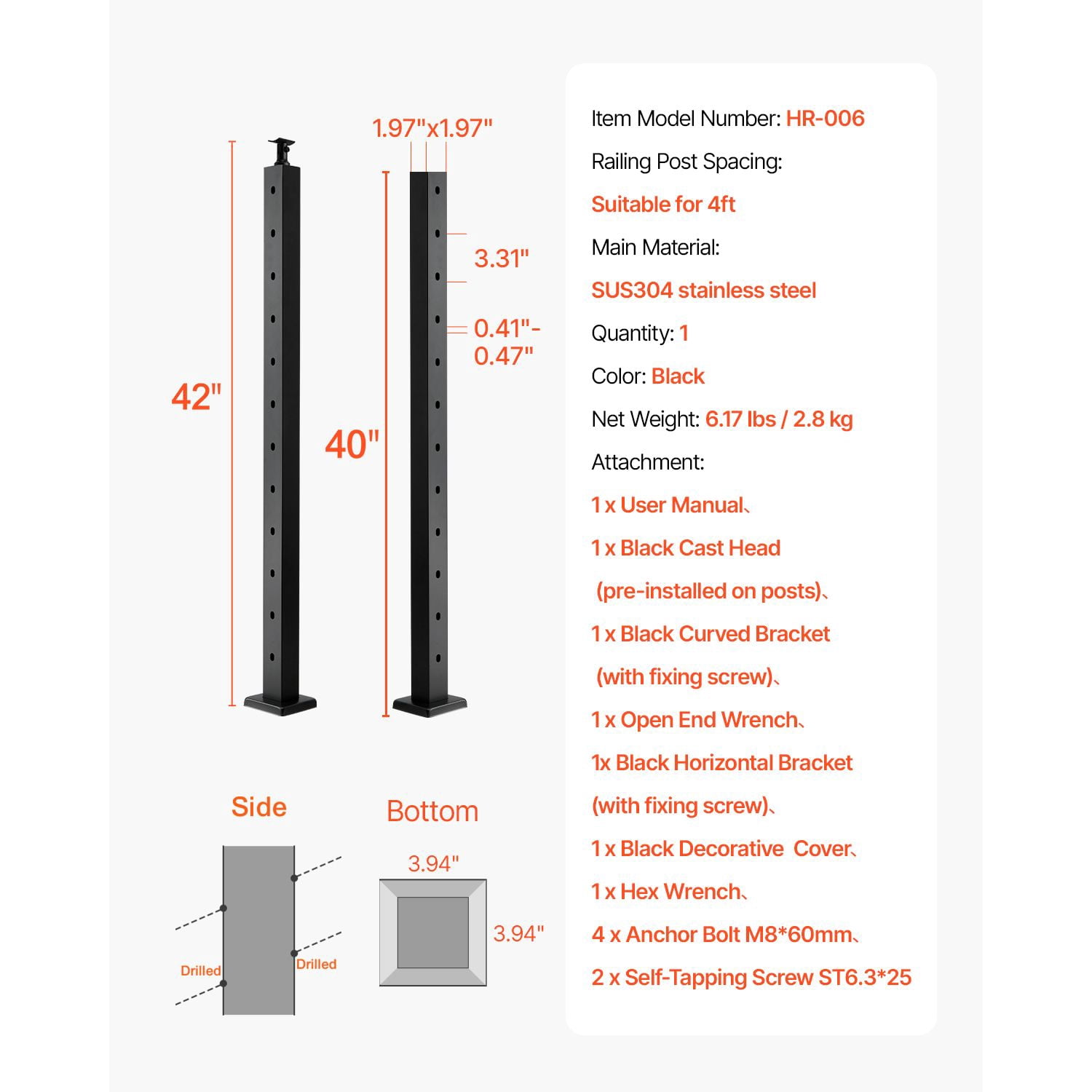 30° Hole Cable Railing Post 43"/36", SUS304 Stainless Steel, 3" Spacing, for 25-35° Stairs Deck Balcony Railing
