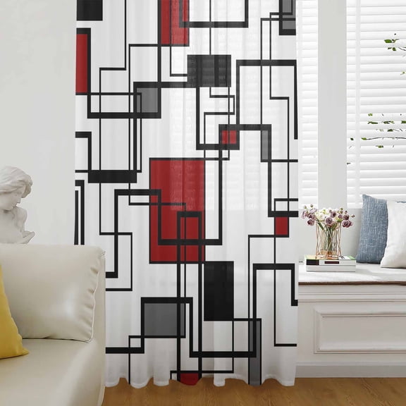 Red Geometric Semi Sheer Curtains Drapes for Living Room, Bedroom, French Doors Window 84 Inches Long, Modern Black Gray Abstract Striped Art Rod Pocket Chiffon Curtain Drapery Voile Draperies Panel