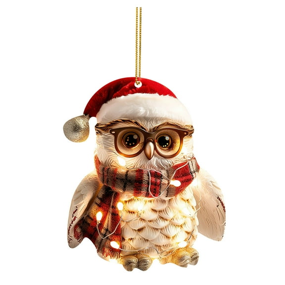 Acrylic Owl Christmas Ornaments with Santa Hats and Scarves, Festive Hanging Decor for Christmas Tree and Holiday Season Decorations - A