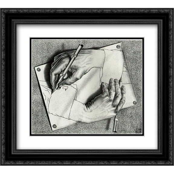 M.C. Escher 2x Matted 22x20 Black Ornate Framed Art Print 'Drawing Hands'