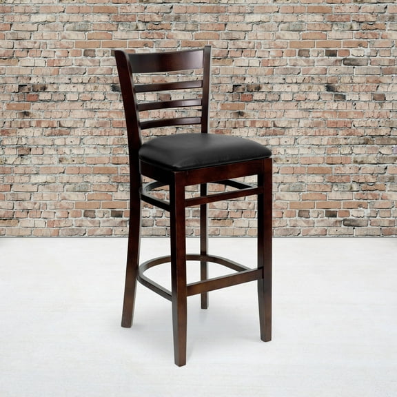 Emma Oliver 2 Pack Ladder Back Walnut Wood Restaurant Barstool - Black Vinyl Seat