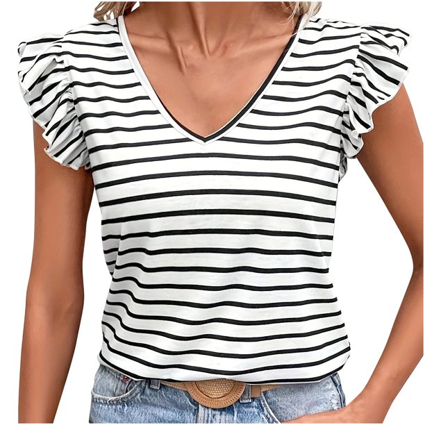 Blusas de Cuello en V para las Mujeres Rayas Camiseta de Manga Corta, Top Casual de Imitación de Algodón de Moda para el Verano Y Diario
