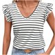 thumbnail image 1 of Blusas de Cuello en V para las Mujeres Rayas Camiseta de Manga Corta, Top Casual de Imitación de Algodón de Moda para el Verano Y Diario, 1 of 4