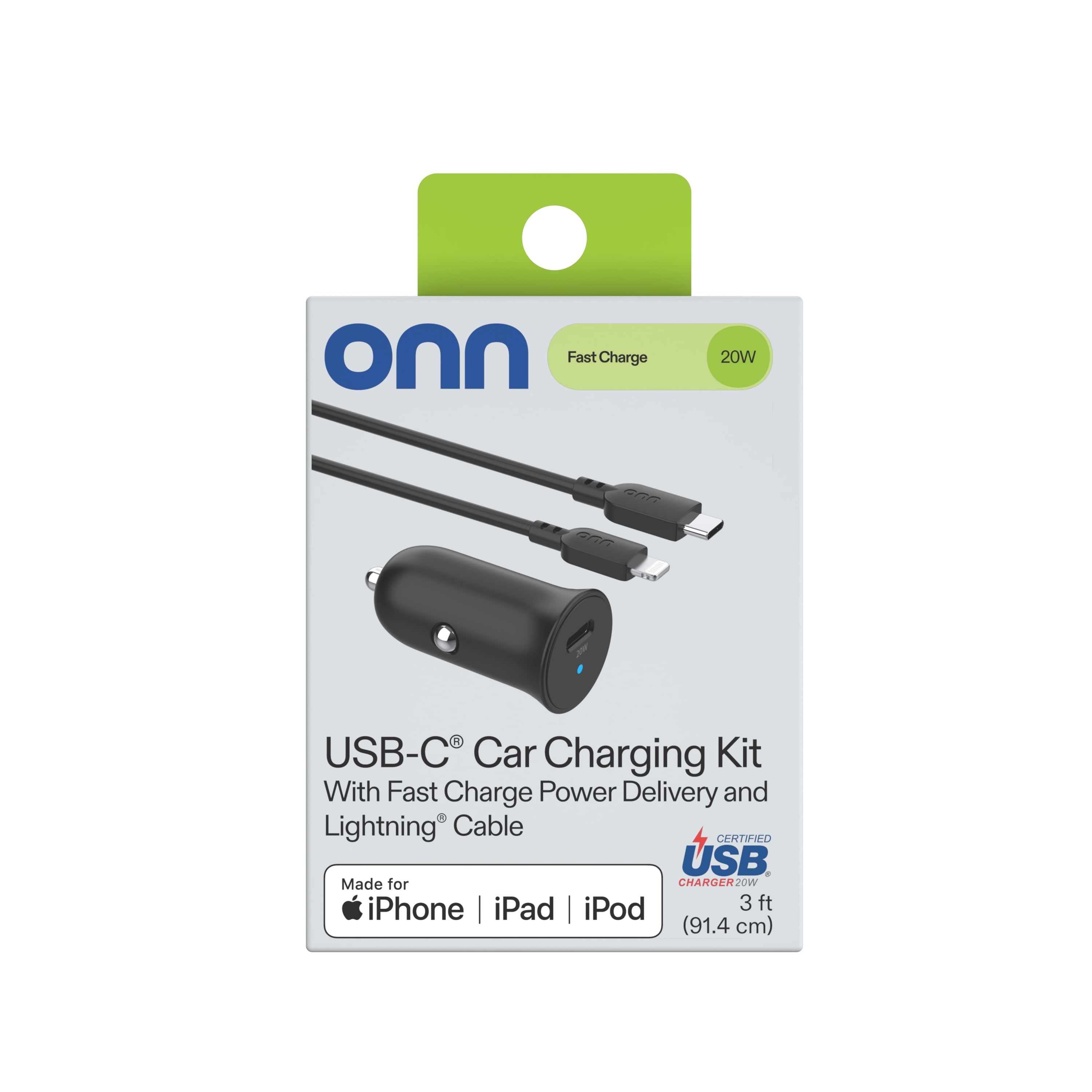 onn 20W Single USB-C Port Car Charger With 3ft Lighting to USB-C Cable, Fast Charging, USB-IF Certified, Black - Compatible with iPhone 17/16/15 Series, Galaxy, Note, Pixel Devices iPad Pro, & More