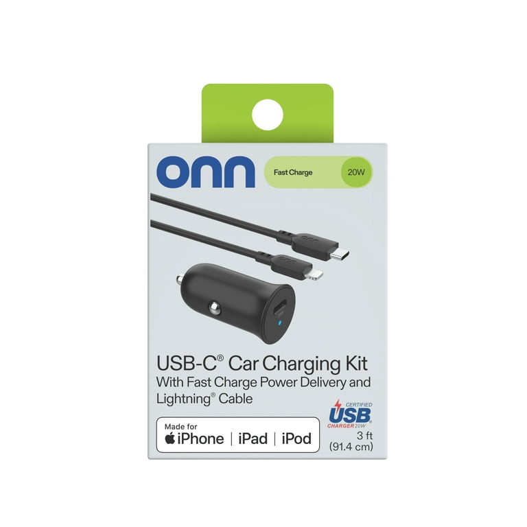 Onn 20W USB-C Car Charger, Single Port, Includes 3ft USB-C