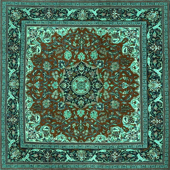 Ahgly Company Indoor Square Medallion Turquoise Blue Traditional Area Rugs, 6' Square