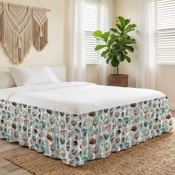 Queen Bed Skirt 16 Inch Drop, Watercolor Marine Sea Conch Shell Easy Fit Wrap Around Ruffle Bedding, Coral Turtle on White Bed Skirts with Adjustable Elastic Belt