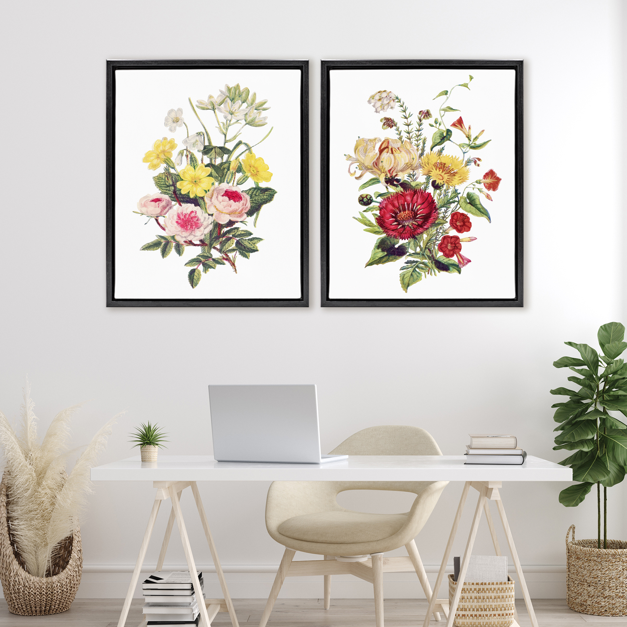 Mixed Flower Bushels 2 Piece Black Framed Floater Canvas Set, design by Lettered and Lined