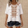 thumbnail image 2 of Vinsonshop Women's Cotton Linen Embroidered Boho Shirts Short Sleeve Crewneck Floral Blouses Casual Flowy Tunic Peasant Tops Lightweight Loose Fit Summer Everyday Outfits White L, 2 of 5