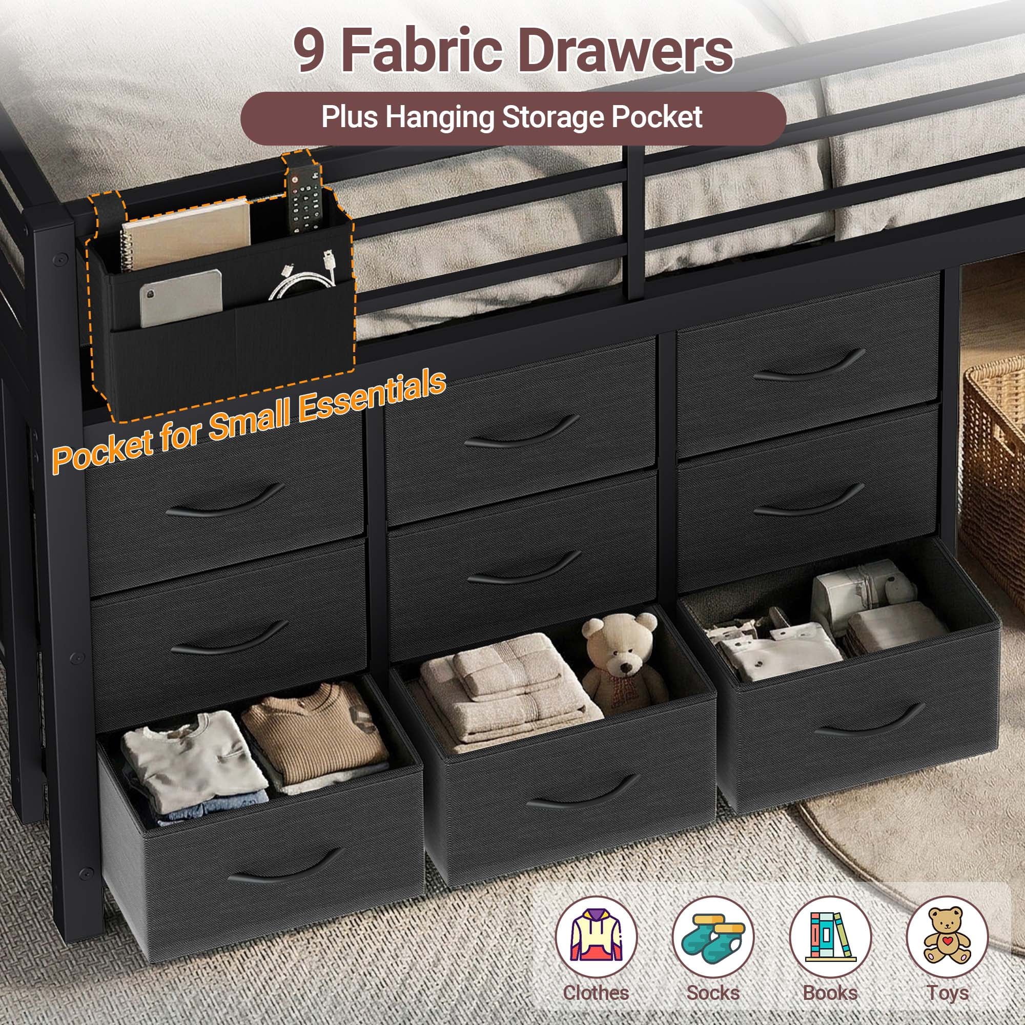 Twin Low Loft Bed with Storage, Metal Twin Loft Bed Frame with 9 Drawers, 2 Shelves, LED Lights and Charging Station, Black