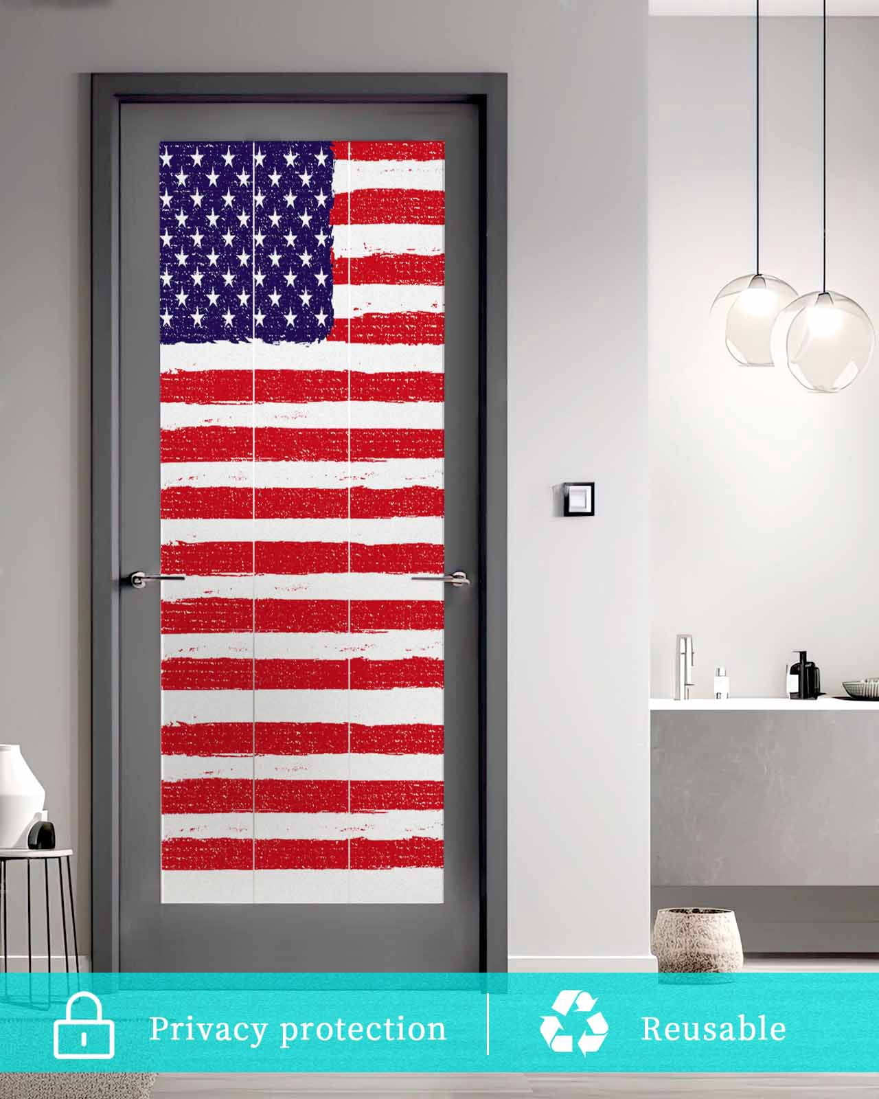 Window Privacy Film American Flag Stained Glass Window Film Decorative Sun Block Window Cover Retro Rustic Stars And Stripes US Flag Window Clings Static Adhesive Sticker for Bathroom 23.6"x59"